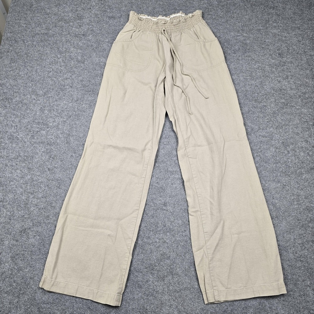 By & By Pants Womens S Beige Linen Blend Paperbag Wide Leg Elastic Waist Casual